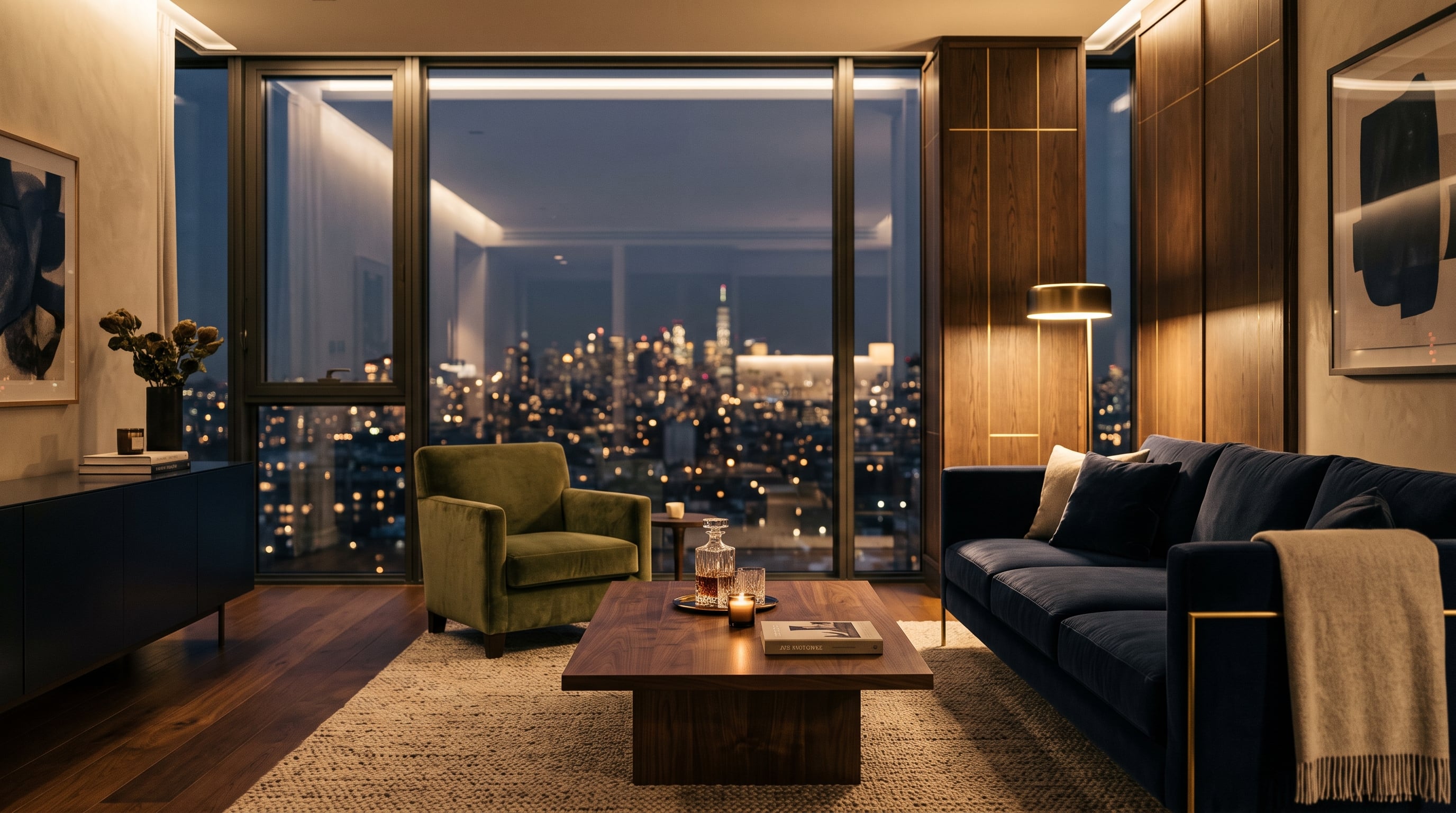 Interior de apartamento de luxo com iluminação dourada e ambiente sofisticado