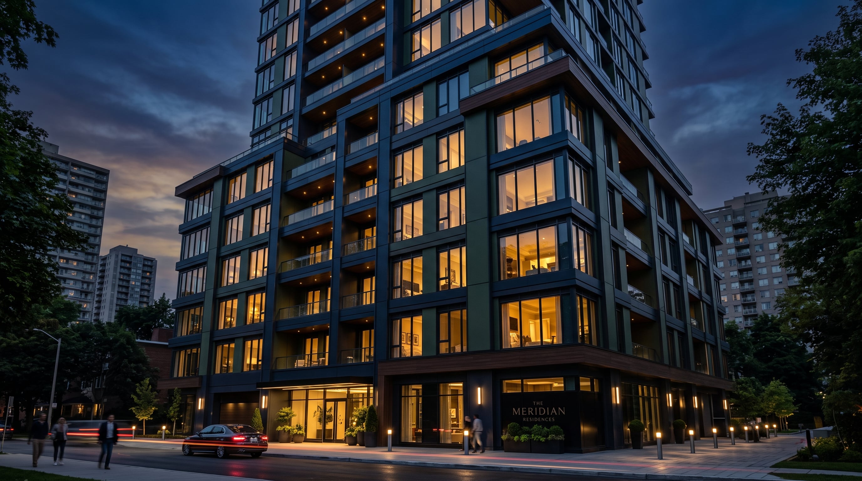 Edifício residencial de luxo ao entardecer com janelas iluminadas em tons dourados